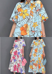 Orangefarbenes Patchwork-Hemdkleid mit Blumendruck, geknöpft, faltig, kurze Ärmel