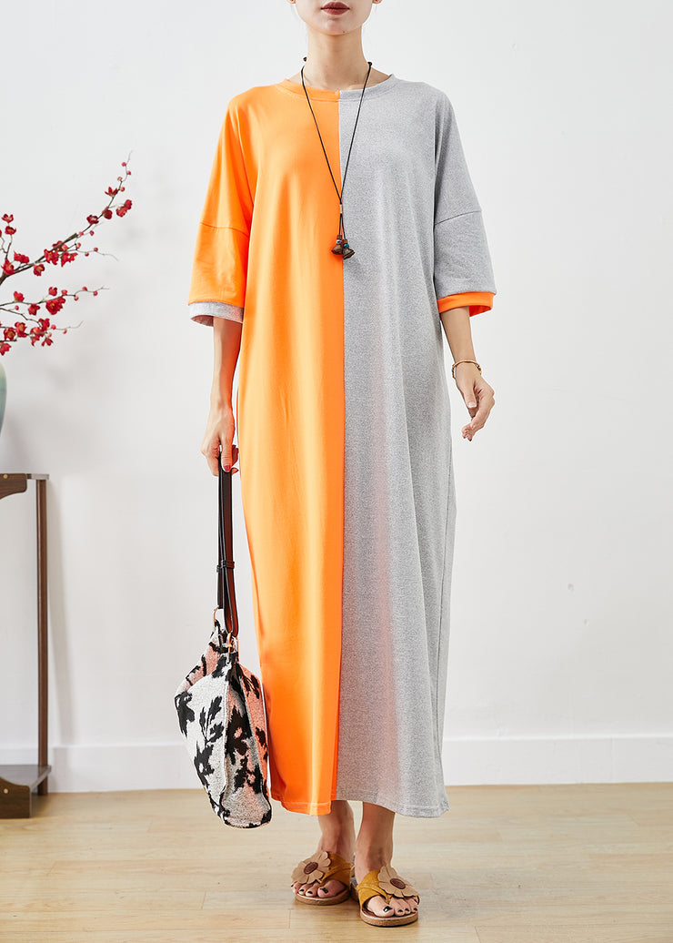 Orange Grey Patchwork Cotton Holiday Dresses Oversized Half Sleeve