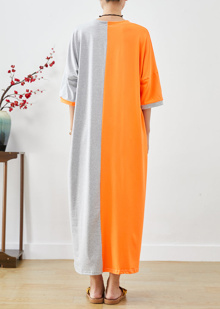 Orange Grey Patchwork Cotton Holiday Dresses Oversized Half Sleeve