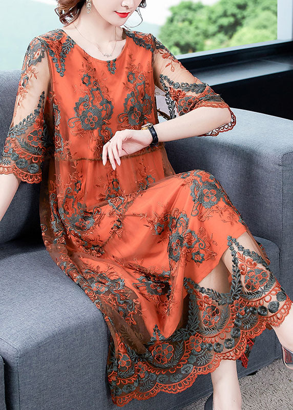 Orange Hollow Out Tulle Long Dress Embroidered Half Sleeve