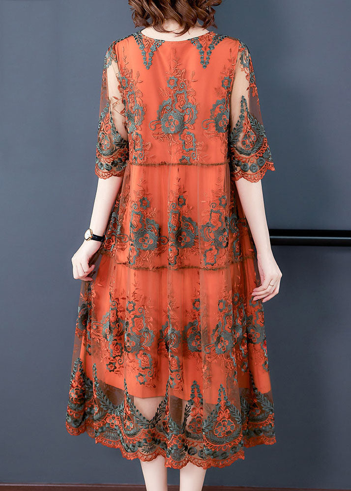 Orange Hollow Out Tulle Long Dress Embroidered Half Sleeve