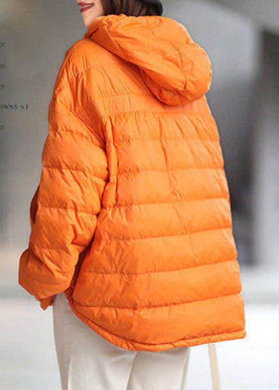 Orange Hooded Zippered Pockets Winter Duck Down Long Sleeve Down Jacket