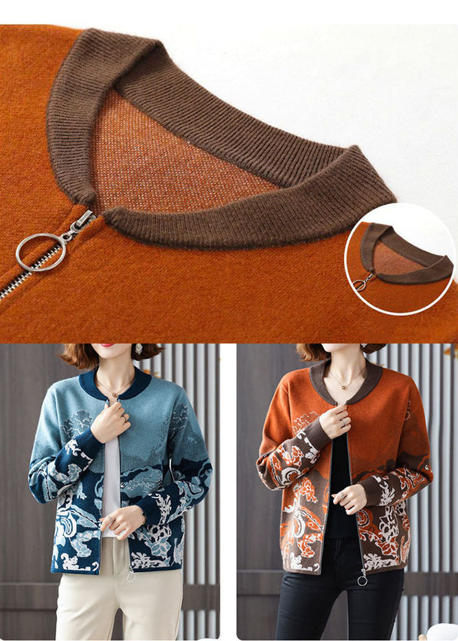 Orangefarbener Jacquard-Strickmantel Outwear O-Neck-Reißverschluss mit langen Ärmeln