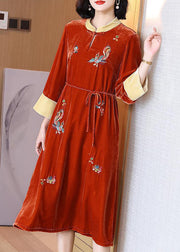 Orange Lace Up Silk Velour Long Dresses Stand Collar Spring