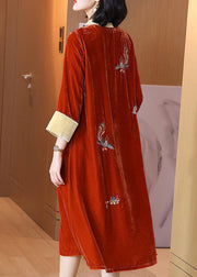 Orange Lace Up Silk Velour Long Dresses Stand Collar Spring