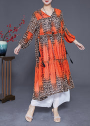 Orange Leopar Print Chiffon Maxi Dress Drawstring Exra Large Hem Summer
