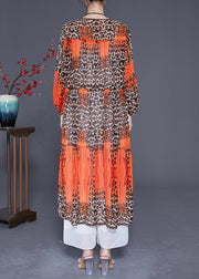 Orange Leopar Print Chiffon Maxi Dress Drawstring Exra Large Hem Summer