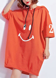 Orange Letter Print Baumwoll-Sweatshirt Kleider mit Kordelzug und kurzen Ärmeln