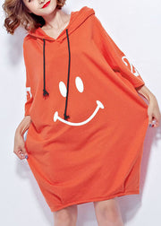 Orange Letter Print Cotton Sweatshirt Dresses Drawstring Hooded Short Sleeve