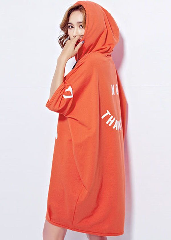 Orange Letter Print Cotton Sweatshirt Dresses Drawstring Hooded Short Sleeve