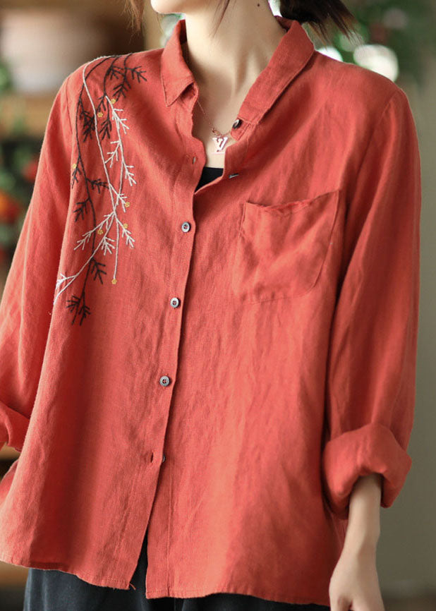 Orange Linen Blouses Embroidered Chinese Style Long Sleeve