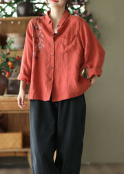 Orange Linen Blouses Embroidered Chinese Style Long Sleeve