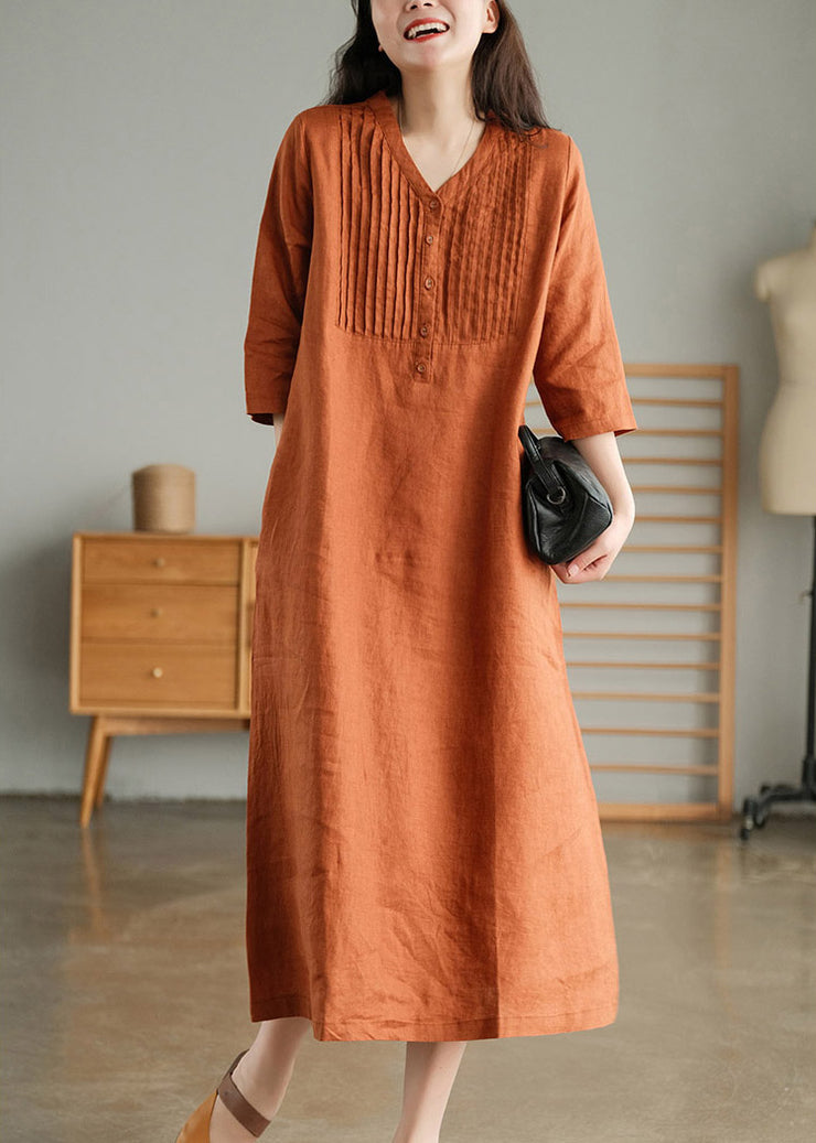 Orange Loose Linen Long Dresses Button Solid Half Sleeve