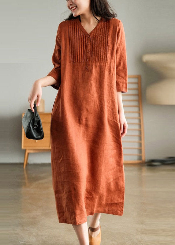Orange Loose Linen Long Dresses Button Solid Half Sleeve