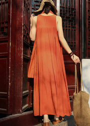 Orange Original Design Linen Spaghetti Strap Dress And Shawl Two Pieces Set Summer