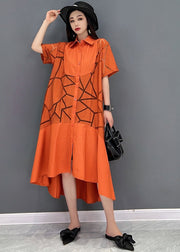 Orange Oversized Patchwork Cotton Shirt Dress Hollow Out Short Sleeve