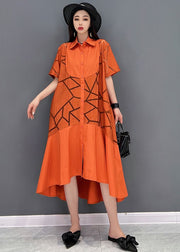 Orangefarbenes, übergroßes Patchwork-Hemdkleid aus Baumwolle mit kurzen Ärmeln