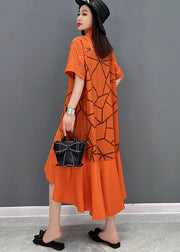 Orange Oversized Patchwork Cotton Shirt Dress Hollow Out Short Sleeve