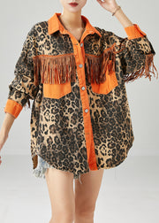 Orange Patchwork Cotton Coats Tasseled Leopard Print Fall