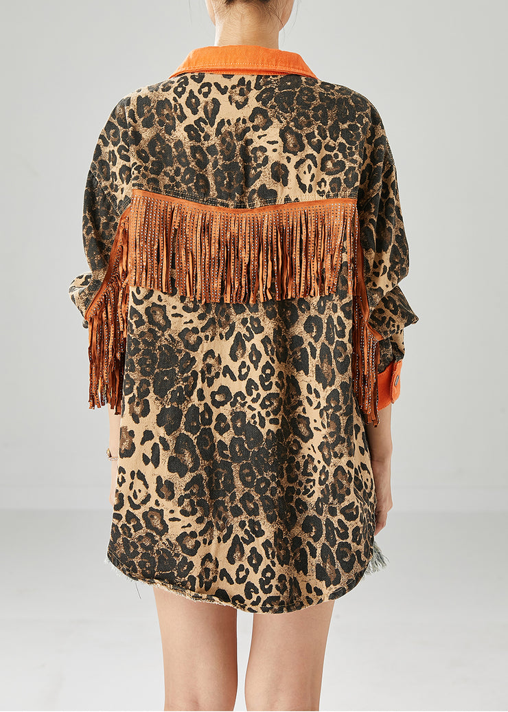 Orange Patchwork Cotton Coats Tasseled Leopard Print Fall