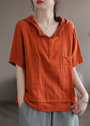 Orange Patchwork Cotton Sweatshirts Tracksuits Hooded Short Sleeve