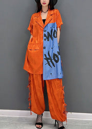 Orange Patchwork Cotton Two Piece Set Women Clothing Peter Pan Collar Spring