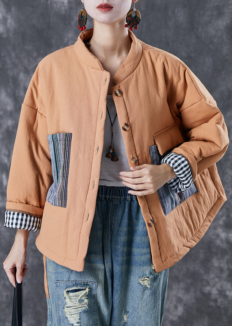 Orange Patchwork Fine Cotton Filled Puffer Jacket Oversized Pockets Winter
