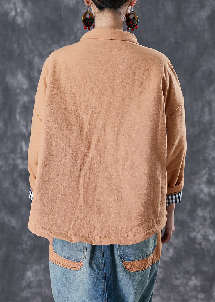 Orange Patchwork Fine Cotton Filled Puffer Jacket Oversized Pockets Winter