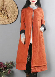 Orange Patchwork Fine Cotton Filled Winter Coats Button Lace