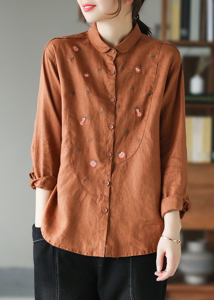 Orange Patchwork Linen Blouses Embroidered Spring