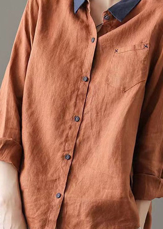 Orange Patchwork Linen Blouses Peter Pan Collar Long Sleeve