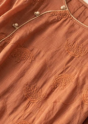 Orange Patchwork Linen Dresses Embroidered Button Bracelet Sleeve