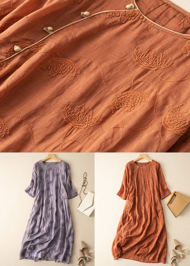 Orange Patchwork Linen Dresses Embroidered Button Bracelet Sleeve