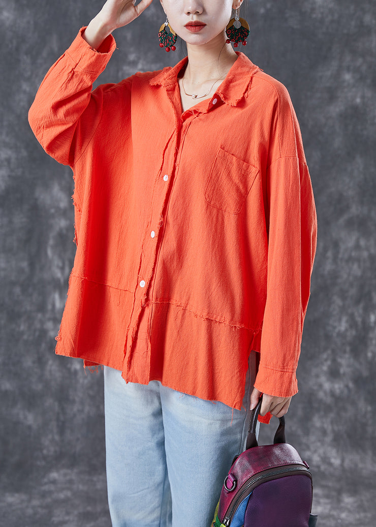 Orange Patchwork Linen Shirt Tops Peter Pan Collar Summer