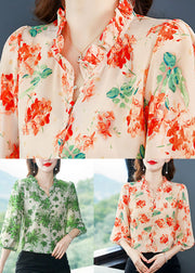 Orange Patchwork Print Silk Shirts V Neck Ruffled Summer