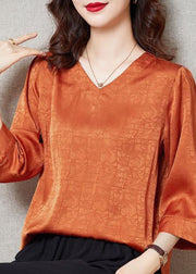 Orange Patchwork Silk Blouse Top V Neck Bracelet Sleeve