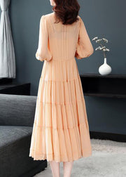 Orange Patchwork Silk Long Dresses Ruffled Stand Collar Button Fall