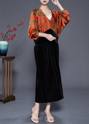 Orange Patchwork Silk Velour Dress Cinched Batwing Sleeve