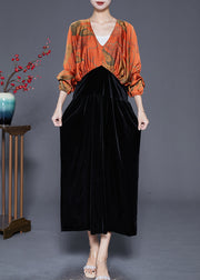 Orange Patchwork Silk Velour Dress Cinched Batwing Sleeve
