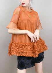 Orange Patchwork Tulle Top Embroidered Ruffled Stand Collar Summer