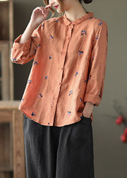 Orange Peter Pan Collar Button Linen Shirts Long Sleeve