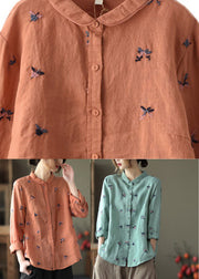 Orange Peter Pan Collar Button Linen Shirts Long Sleeve