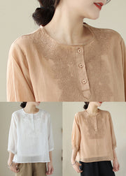 Orange Pink Button Patchwork Cotton Shirts O Neck Bracelet Sleeve