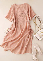 Pink Summer Cotton Dress Side Open Drawstring Short Sleeve