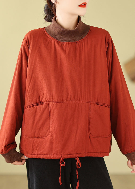 Orange Pockets Patchwork Fine Cotton Filled Pullover Streetwear Winter