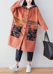 Orange Pockets Patchwork Print Cotton Hoodie Coat Spring