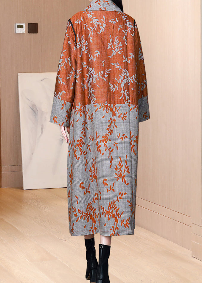 Orange Pockets Print Cotton Trench Tasseled Chinese Button Fall