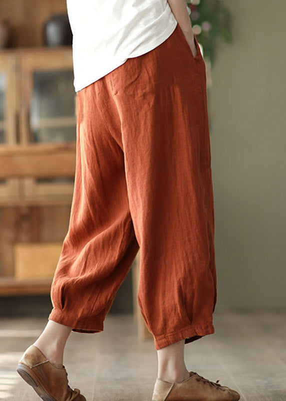 Orange Pockets Tie Waist Linen Harem Pants Summer