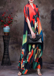 Orange Print Chiffon Maxi Dresses Asymmetrical Exra Large Hem Short Sleeve