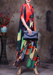 Orange Print Chiffon Maxi Dresses Asymmetrical Exra Large Hem Short Sleeve